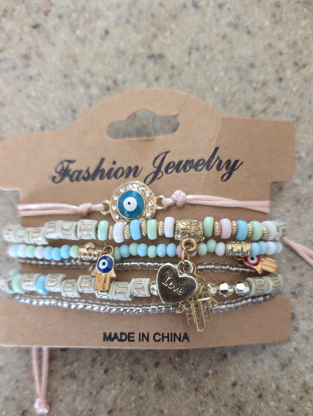 Multi-Row Pastel Beaded Bracelet Set with Blue Evil Eye Charm